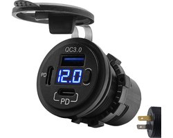 12V USB C Autolader 3 Poorten Inbouw met Schakelaar/Voltmeter - QC3.0 - USB C Stopcontact Auto, Boot en Camper - Blauw