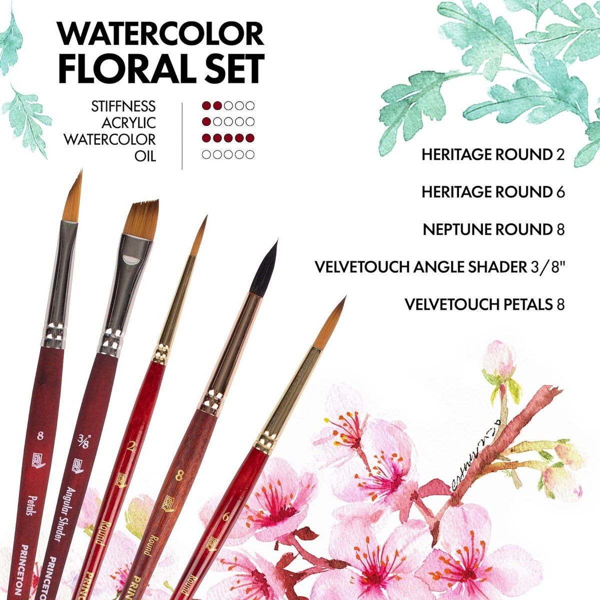 Watercolor Set Floral Pattern 5 Brushes - Princeton Artist Brush