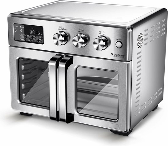 TurboTronic AFD32 Airfryer XXL en Oven – Dubbele Deur – 32 Liter – Extra accessoires – 12 kookprogramma’s – Timer tot 99 min. – 25 tot 230 graden – Zilver