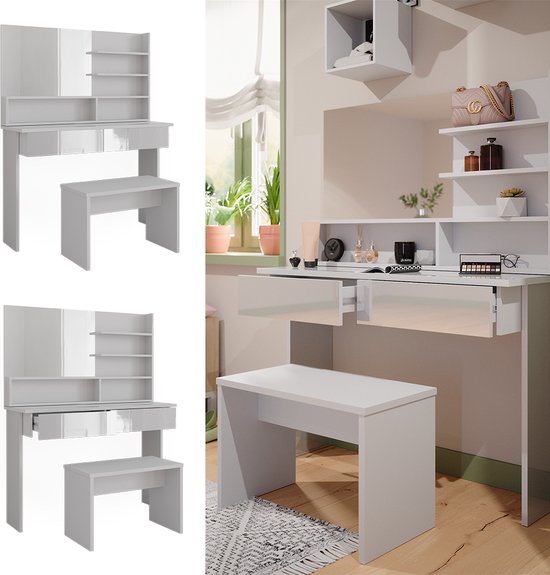 Coiffeuse Azur Avec Miroir LED Et Tiroirs – Blanc – Vicco – Prête à Monter