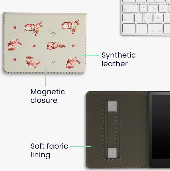 kwmobile e-reader hoesje geschikt voor Amazon Kindle Paperwhite 11. Generation 2021 hoes - E reader flip case met magneetsluiting - Ereader cover - Konijntjes en Bloemen design in wit / bruin / lichtroze van Merkloos — afbeelding 5