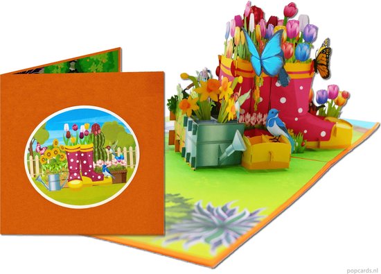 Popcards pop-up kaarten – Hele fraaie Bloemen en Tulpen in Laarzen wenskaart | Boeket Vriendschap Felicitatie Huwelijk Beterschap Troost pop-up kaart 3D wenskaart