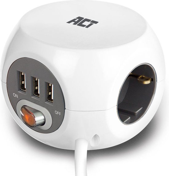 Foto: Act vierkante stekkerdoos pdu met 3 sockets type f 3 usb a poorten 1 5m wit ac2405