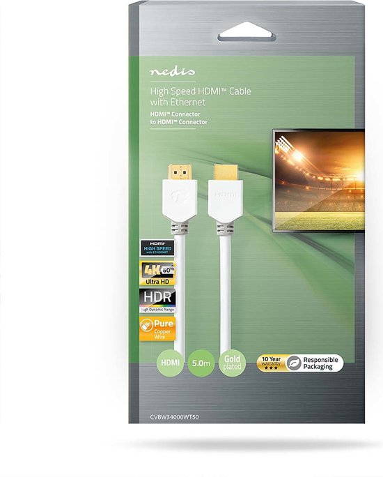 HDMI Connecteur, HDMI Connecteur, 4K@60Hz, ARC, 18 Gbps, 5.00 m, Rond, PVC, Blanc, Boîte