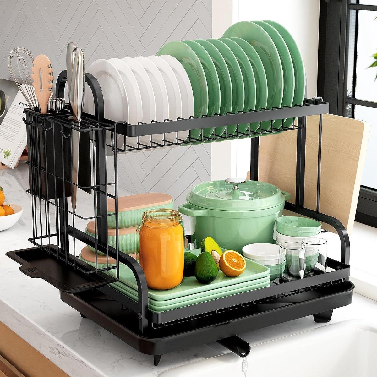 Goedkoopste Multifunctioneel afdruiprek met 2 niveaus - roestvrij droogrek voor keuken - gebruiksvoorwerpenhouder - ruimtebesparend - grote capaciteit