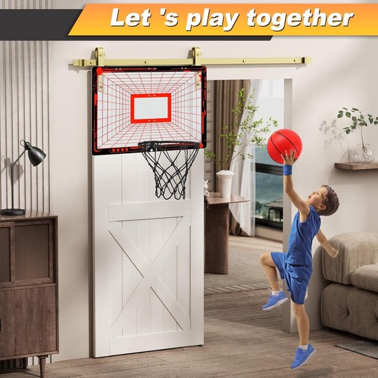 Hot Bee Basketbalhoepel voor kinderen, mini-basketbalring voor slaapkamerdeur, basketbalcadeau voor jongens van 9-13 jaar, met 3 ballen, elektronisch scorebordnetverlichting