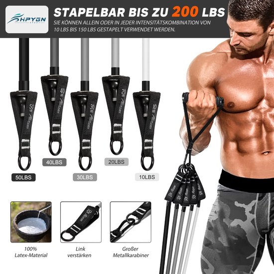 Ensemble de Bandes de résistance - Ensemble de bandes de fitness 68 kg 90 kg 113 kg - 5 épaisseurs différentes - poignées sangles de cheville ancrage de porte - sac à dos portable - intérieur extérieur