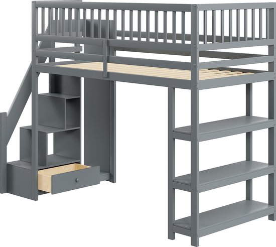 Hoogslaper 90 x 200 cm met bureau 2 laden - Kledingkast met schuifdeur - MDF hout - Wit
