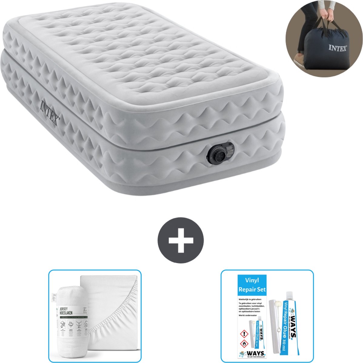 Intex Luchtbed - 1-Persoons - 99 x 191 x 51 cm - Grijs - Met ingebouwde pomp + Hoeslaken Wit + Reparatieset