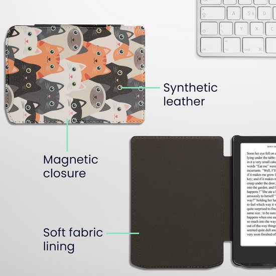 kwmobile e-reader hoesje geschikt voor Pocketbook Verse / Verse Lite / Verse Pro / Color / Vivlio Light/Light HD hoes - E reader flip case met magnetische sluiting - Ereader cover - Katten design in oranje / zwart / wit van Merkloos — afbeelding 4