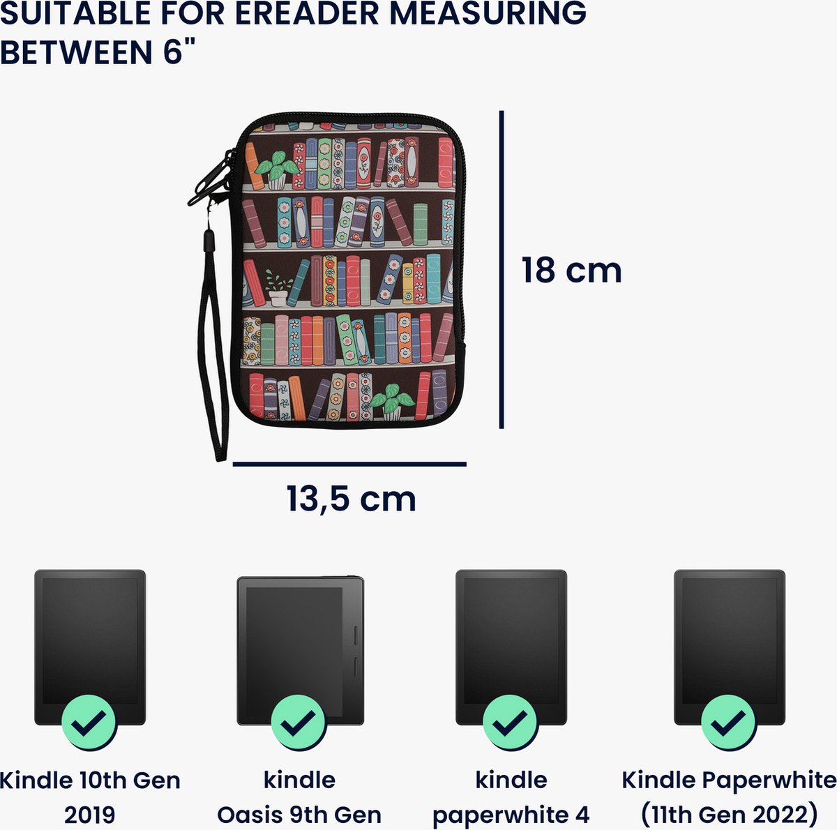 kwmobile Universele Cover voor eReader - Neopreen hoesje Zomerse bibliotheek design blauw / groen / roze - 17 x 12 x 2 cm — afbeelding 7