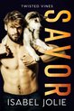Homme avec un chiot sur ses épaules. Texte: TWISTED VINES, SAVOR, ISABEL JOLIE.