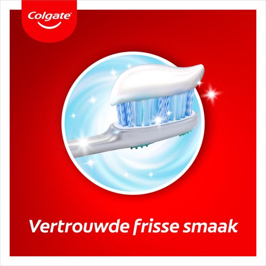 Tandenborstel met witte tandpasta op de kop. "Vertrouwde frisse smaak" tekst.