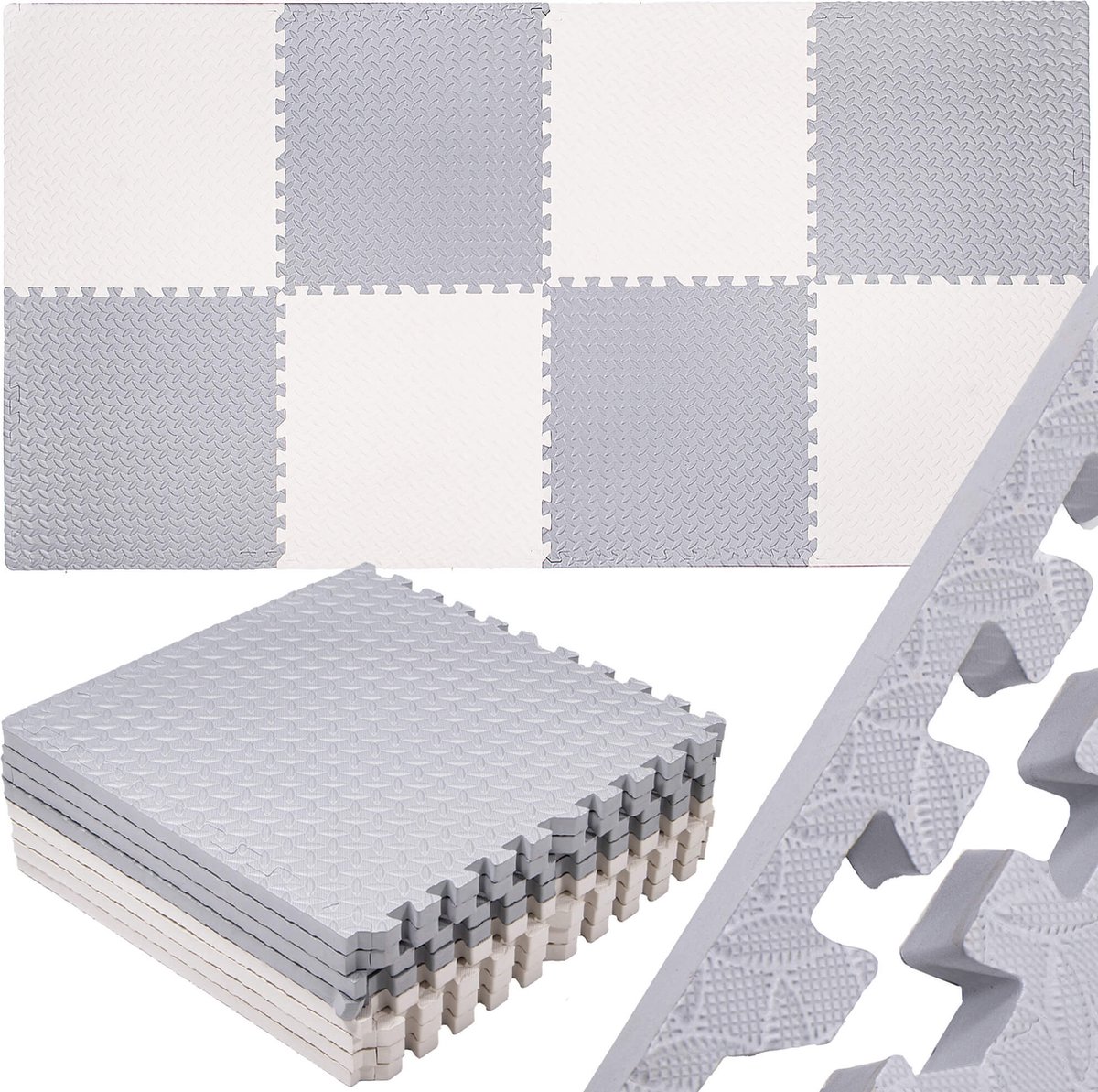Springos Speelmat Foam Puzzelmat Figuren 9 Puzzelstukken Crème Grijs 230 x 120 cm