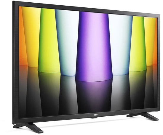 Schuine weergave van een zwarte LG smart tv met een kleurrijk scherm.