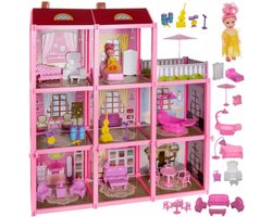 Modern Poppenhuis - Villa - Roze - 8 kamers en een Terras - Veel Onderdelen - Educatief Speelgoed - voor Meisjes - Montessori - 17x60x65cm