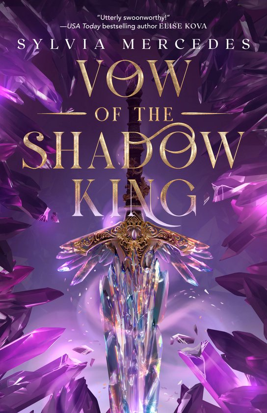 Boekomslag van Vow of the Shadow King, met een glazen zwaard in paarse kristallen.