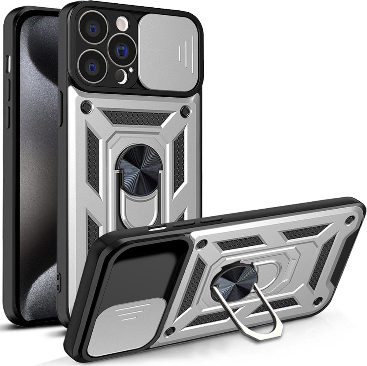 Hoesje geschikt voor iPhone 15 Pro met Ringhouder en Camera schuifje – Zilver
