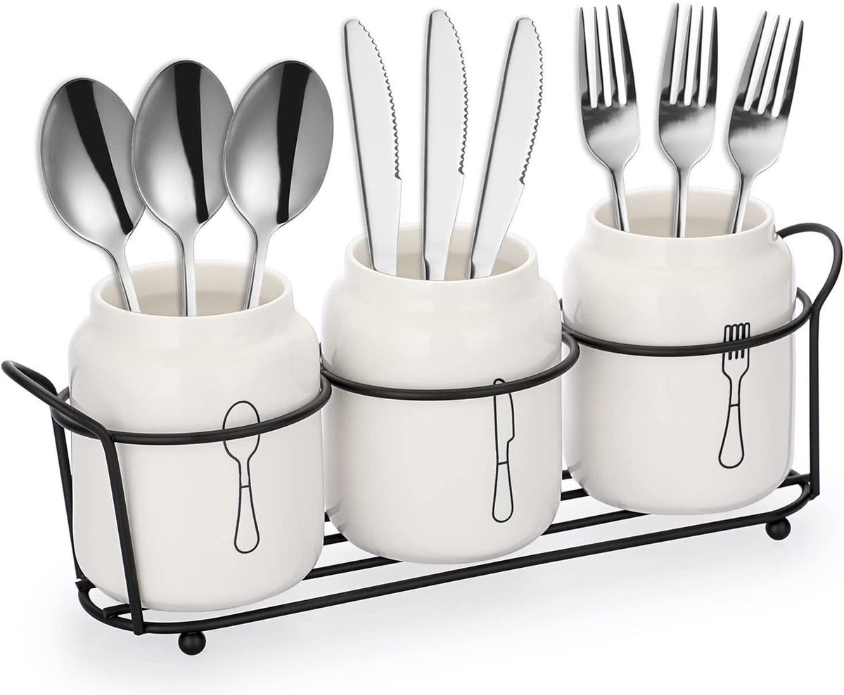 3-delige keramische bestekbak bestekmand keukengerei houder metalen frame lepelhouder aardewerk organizer werkblad keukentafel kast wit