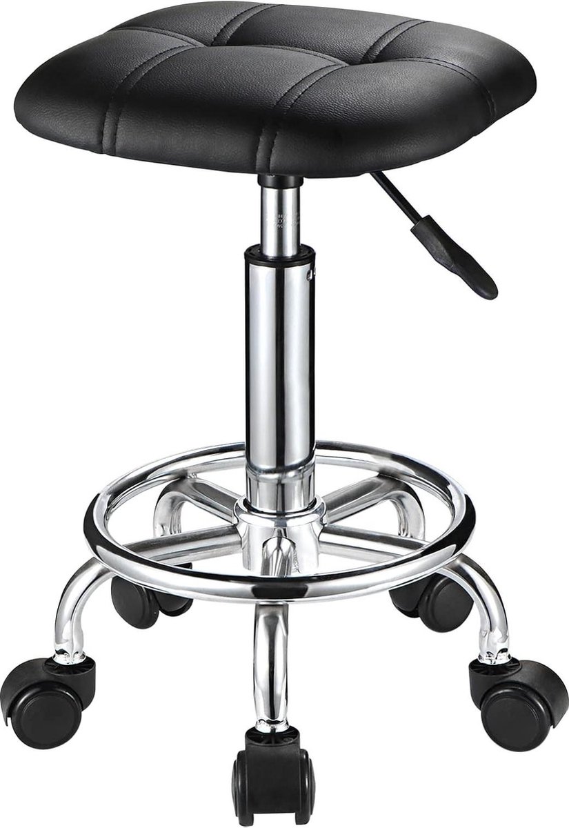 Vierkante PU Kussen Rolling Kruk Met Wielen Hoogte Verstelbare Draaibare Krukken Stoel Zwart Ergonomisch Design