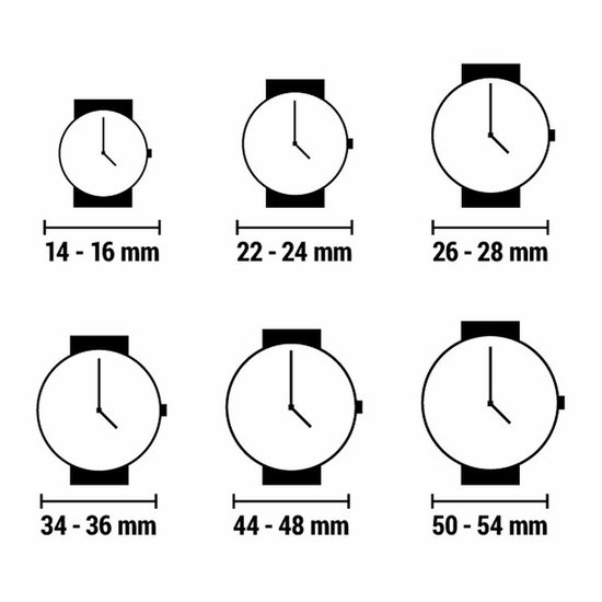 Illustration des tailles de boîtier de montre de 14-16 mm à 50-54 mm.