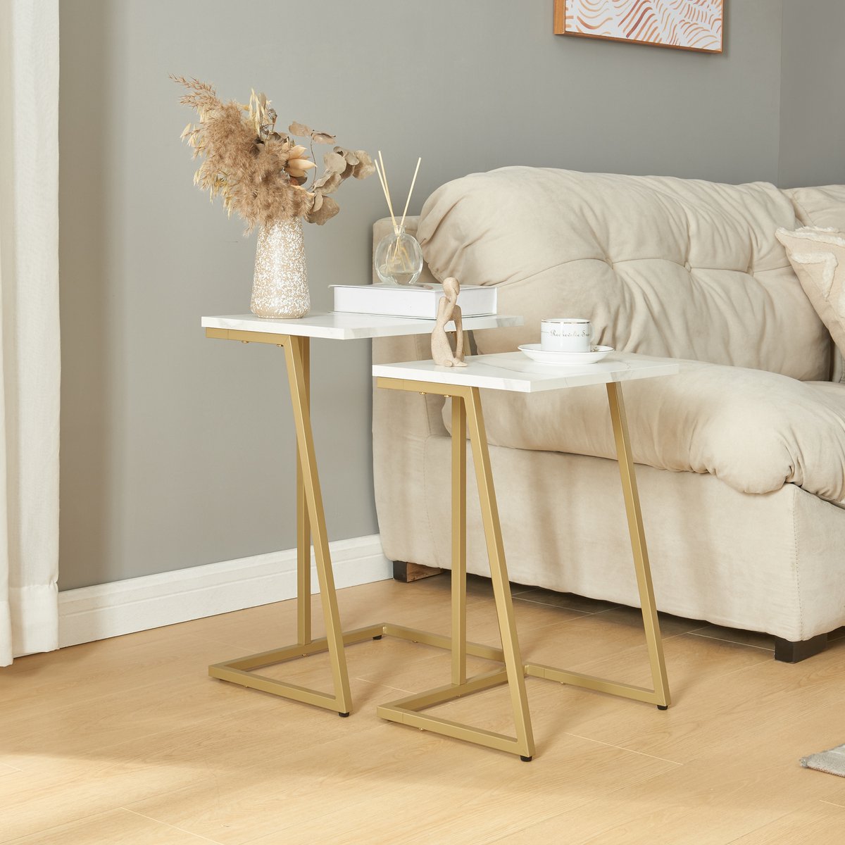 en.casa Bijzettafel Salem set van 2 goudkleurig en marmer wit [en.casa]