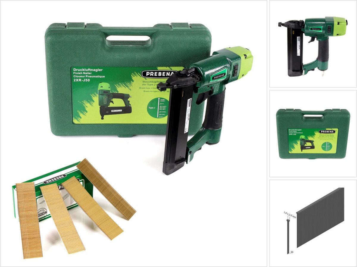 Prebena 2XR-J50 pneumatisch spijkerapparaat in transportkoffer + 5000x brads 30mm - gemaakt van gegalvaniseerd staal, gehard