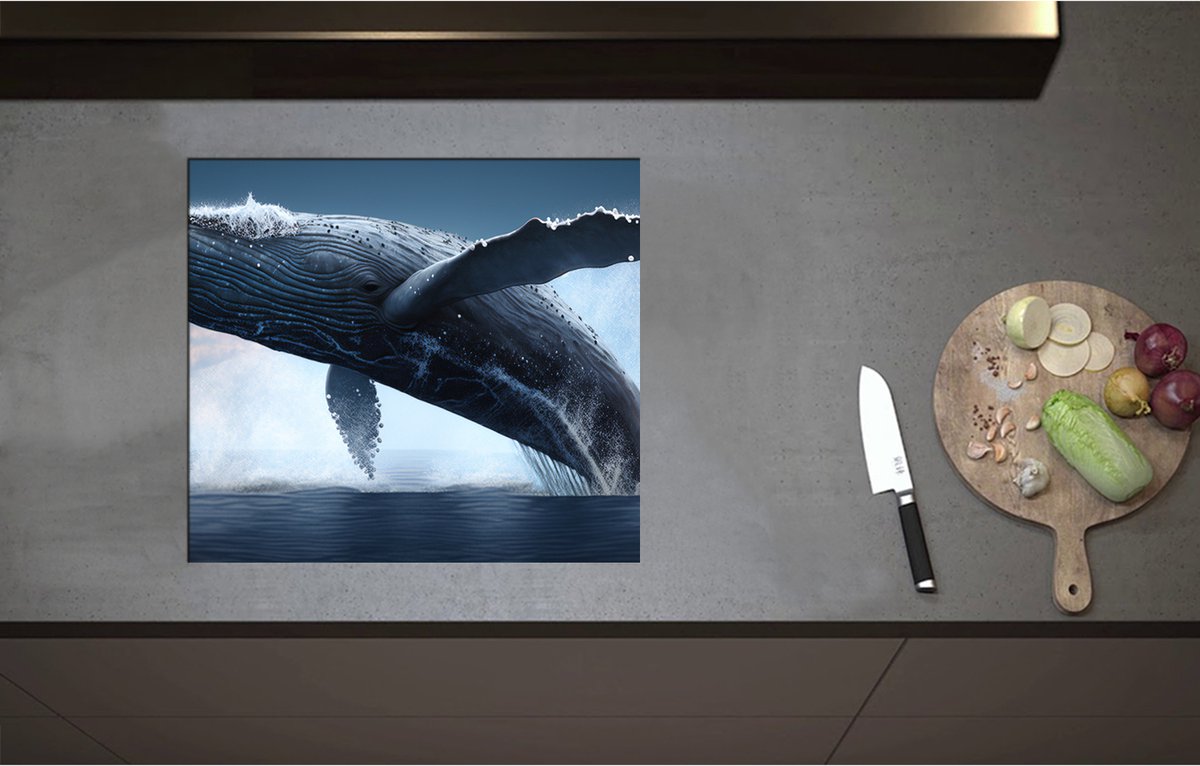Inductieplaat Beschermer - Bultrug walvis komt boven het zeewater uit met veel spetters om hem heen - 57x51 cm - 2 mm Dik - Inductie Beschermer - Bescherming Inductiekookplaat - Kookplaat Beschermer van Wit Vinyl