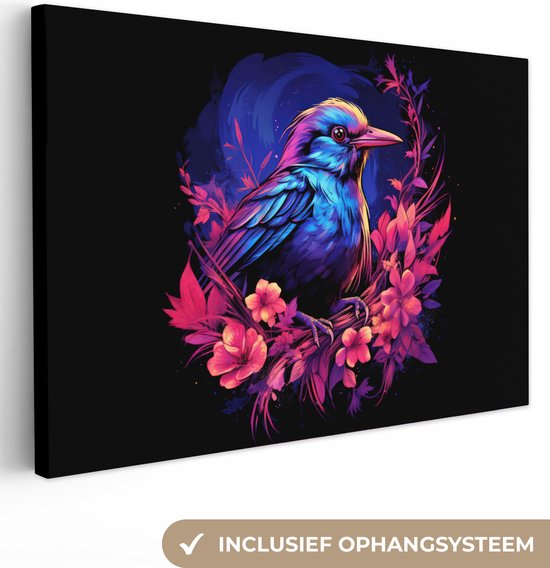 Peinture sur toile Rétro - Vogel - Fleurs - Zwart - Rose - Blauw - Animaux - 90x60 cm - Décoration murale