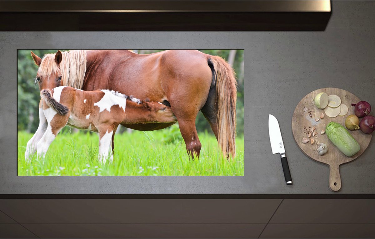 Inductieplaat Beschermer - Bruin met Wit Gevlekt Veulentje Drinkend bij Moeder in het Grasveld - 90x51 cm - 2 mm Dik - Inductie Beschermer - Bescherming Inductiekookplaat - Kookplaat Beschermer van Zwart Vinyl