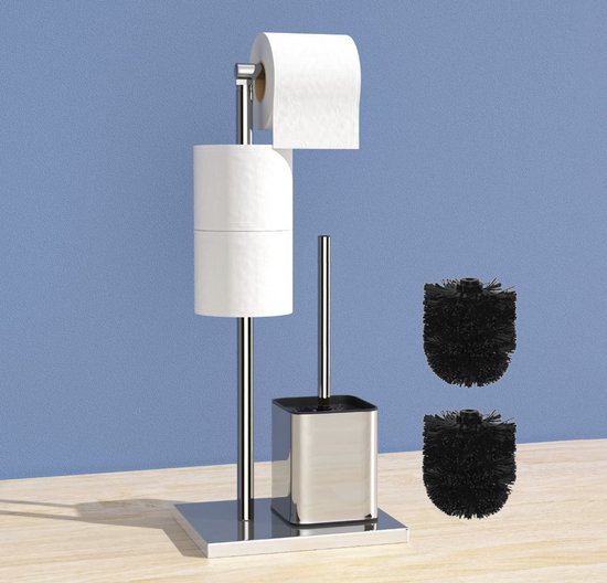 Porte-Papier Toilette Débout Avec Brosse WC - Acier Inoxydable - Sans Percage - Design Amovible Et Stable