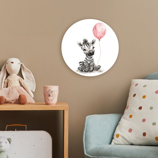 WallCircle® Wandcirkel 30x30 cm - Muurcirkel Zebra - Baby - Dieren - Roze ballon - Muurdecoratie babykamer - Wanddecoratie kinderkamer - Kamer decoratie voor jongens en meisjes - Baby accessoires - Ronde schilderijen