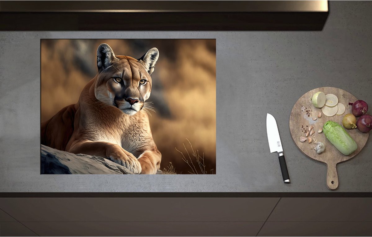 Inductieplaat Beschermer - Cartoon van Puma Liggend op Grijze Rots in Natuurgebied - 71x55 cm - 2 mm Dik - Inductie Beschermer - Bescherming Inductiekookplaat - Kookplaat Beschermer van Zwart Vinyl