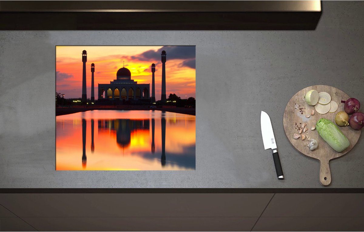 Inductieplaat Beschermer - Central Mosque of Songklha in Thailand bij Avondzon - 58x52 cm - 2 mm Dik - Inductie Beschermer - Bescherming Inductiekookplaat - Kookplaat Beschermer van Zwart Vinyl