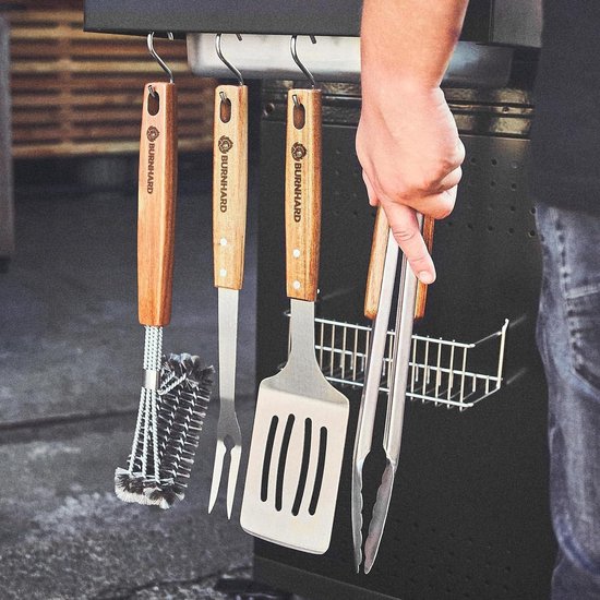 grillart® Premium grillbestekset, 3-delig, van hoogwaardig roestvrij staal en mooie houten handgrepen, grilltang, grillspatel en grillvork met extra lange handgreep, het ideale barbecue-accessoire
