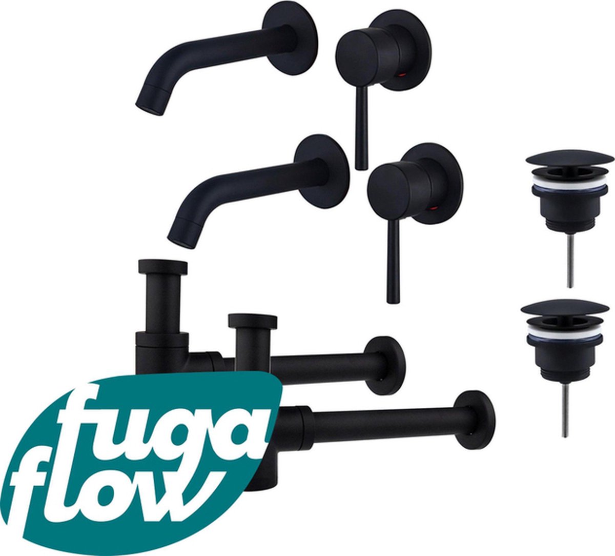 FugaFlow Eccelente Sobrado Badkamer Slim Wastafelkraanset voor dubbele wastafel inbouw wastafelkraan always open plug verlaagde design sifon Mat zwart