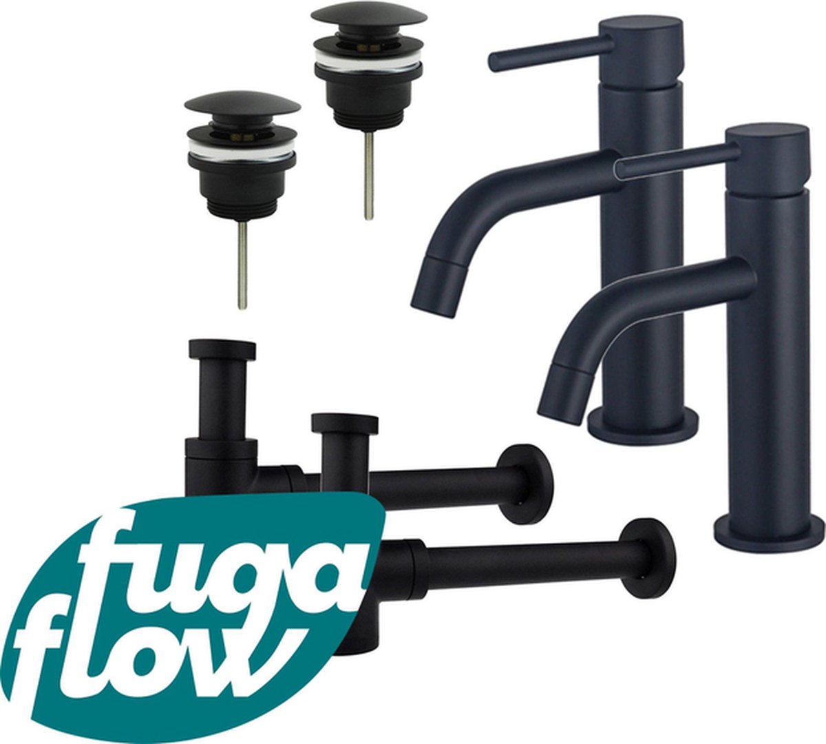 FugaFlow Eccelente Sobrado Badkamer Slim Wastafelkraanset voor dubbele wastafel lage wastafelkraan klikwaste plug verlaagde design sifon Mat zwart
