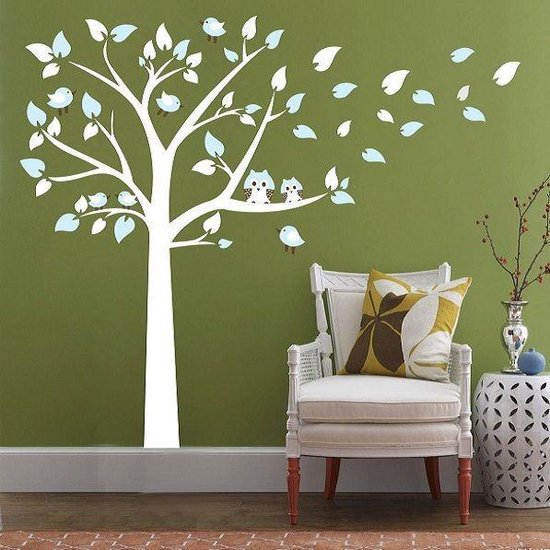 Muursticker witte boom met uiltjes en vogeltjes blauw- Kinderkamer-babykamer