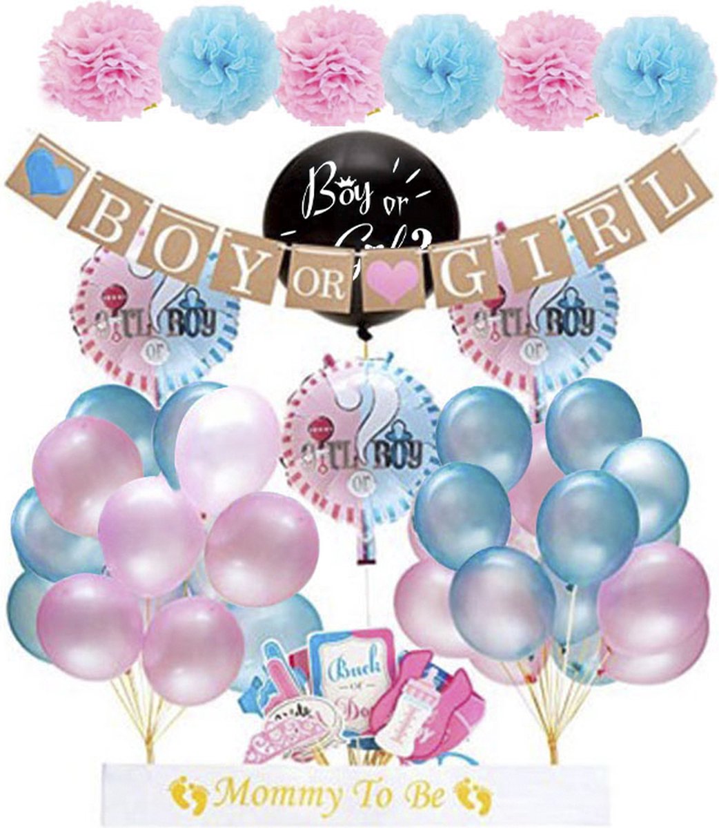 Gender Reveal Versiering Feest Pakket Babydouche - fotoprops, slingers, ballonnen en gender reveal ballon XXL- Decoratie Babyshower geboorte kind Baby Shower Jongen of Meisje - Babydouche