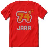 74 Jaar Feest T-Shirt | Goud - Zilver | Grappig Verjaardag Cadeau Shirt | Dames - Heren - Unisex | Tshirt Kleding Kado | - Rood - XXL