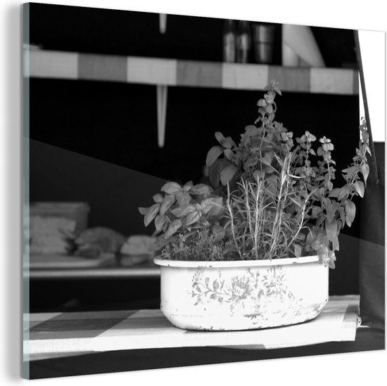 Glasschilderij - Culinaire oregano in een moestuintje - zwart wit - 160x120 cm - Acrylglas Schilderijen - Foto op Glas