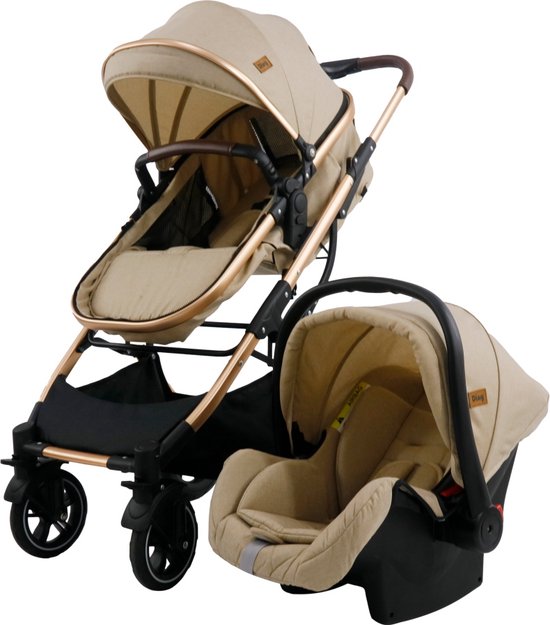 Beige combi kinderwagen met goudkleurig frame, zitje en autostoel.