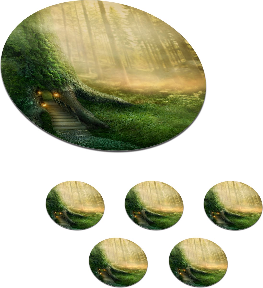 Onderzetters voor glazen - Rond - Huis - Bos - Bomen - 10x10 cm - Glasonderzetters - 6 stuks