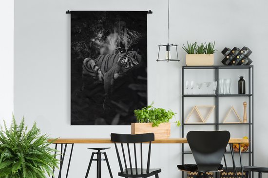 Tenture murale - Toile murale - tigre dans la jungle - noir et blanc - 120x180 cm - Tapisserie