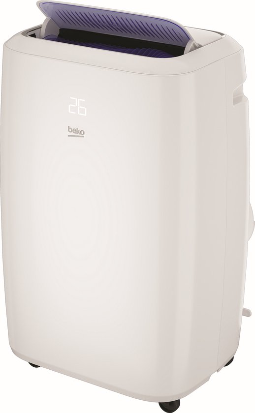 Witte Beko airconditioner met digitaal display '26' en openklapbaar rooster.