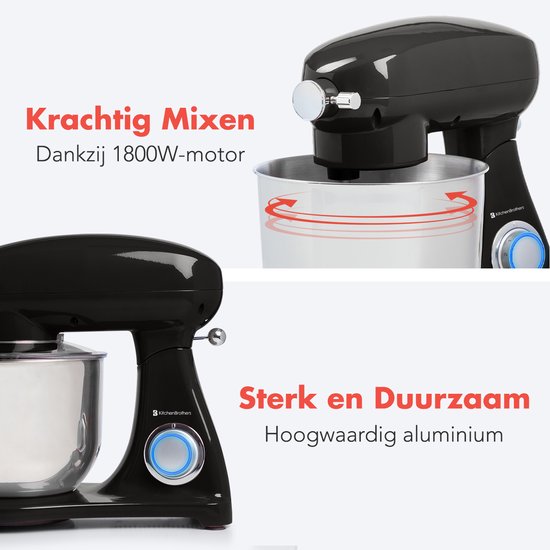 Zwarte keukenmachine met details van de RVS mengkom en de 1800W motor. Benadrukt sterke en duurzame constructie.