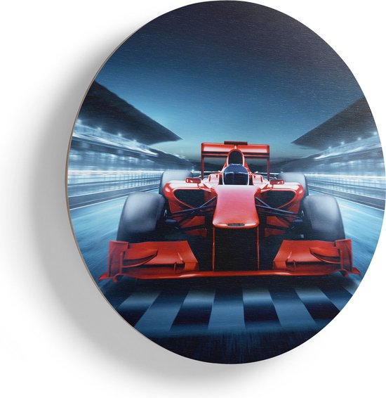 Artaza Houten Muurcirkel - Formule 1 Auto bij de Finish - Rood - Ø 60 cm - Multiplex Wandcirkel - Rond Schilderij