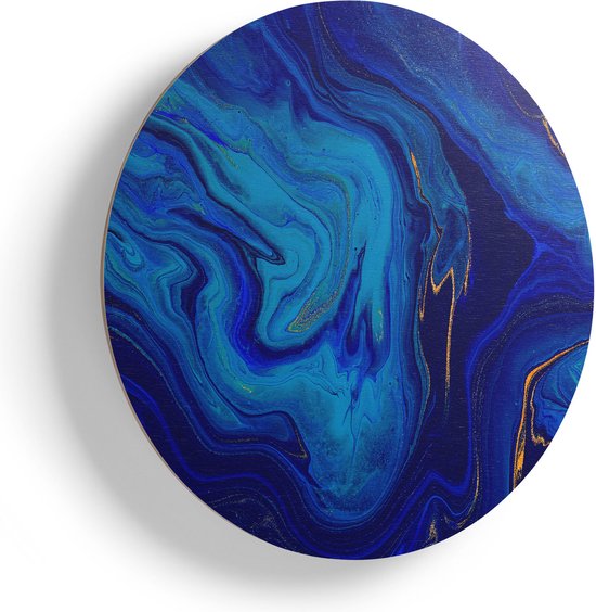 Artaza Houten Muurcirkel - Abstracte Kunst - Blauw met Gouden Verf - Ø 50 cm - Klein - Multiplex Wandcirkel - Rond Schilderij