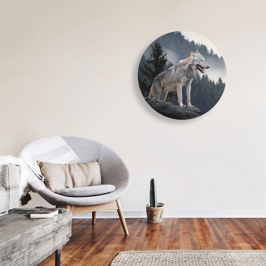 Artaza Dibond Cercle Mural Loup Gris Dans Les Forêts - Ø 70 cm - Cercle Mural - Tableau Rond - Pour Intérieur et Extérieur