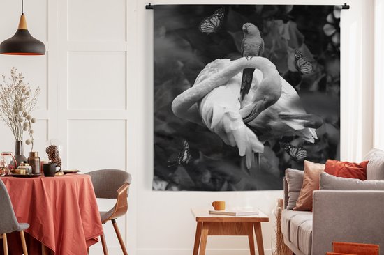Tapisserie - Toile murale - Flamingo - Animaux - Jungle - Zwart - Wit - 180x180 cm - Tapisserie